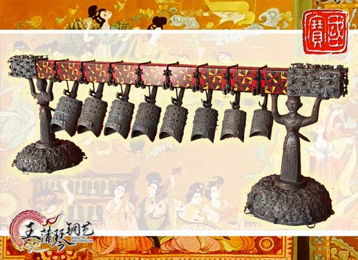 8件古編鐘，銅人銅座裝飾，可發(fā)音